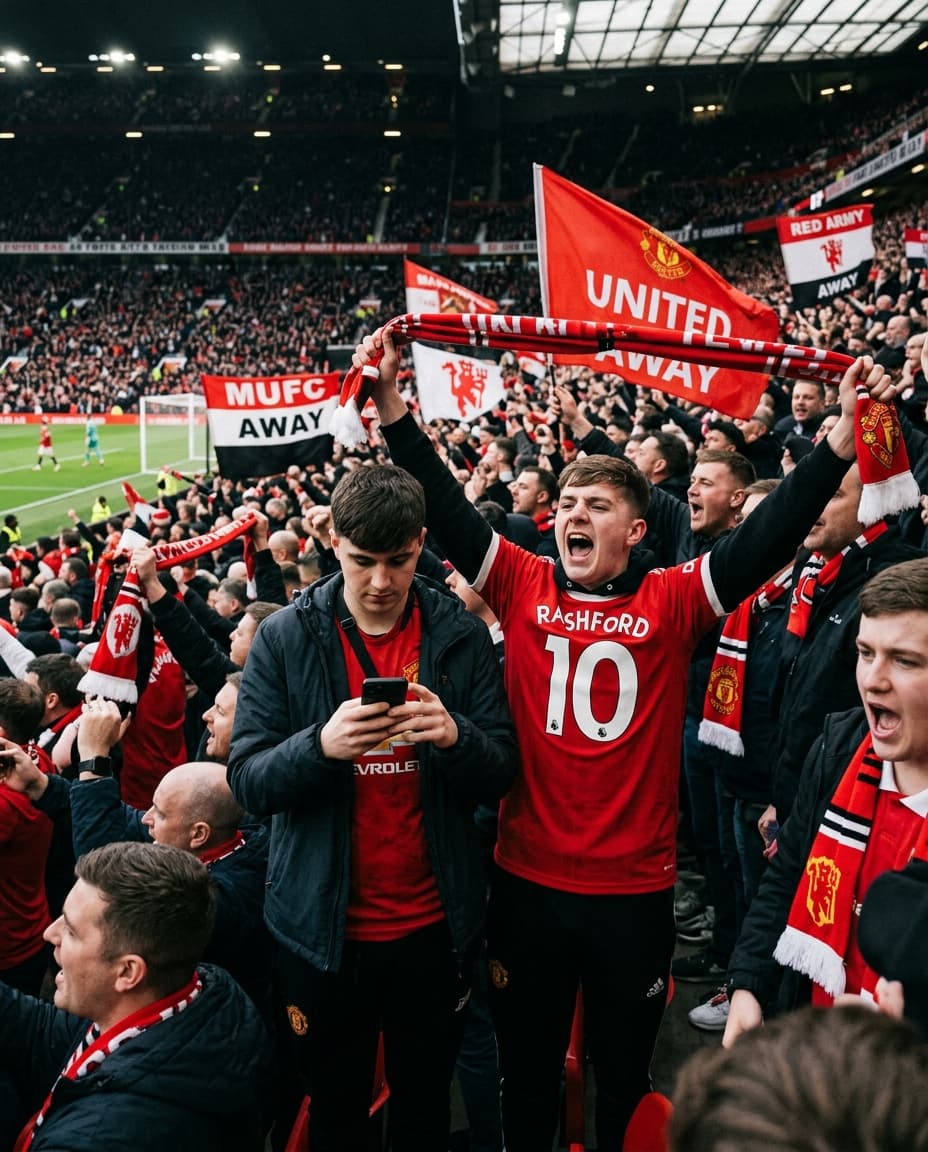 Away end at a Premier League match, phones raised mid-song.