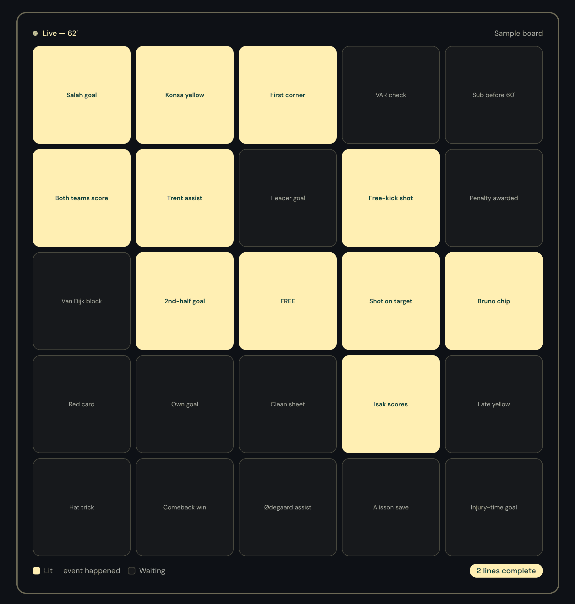 Football Bingo - live card mid-match with squares marked off.